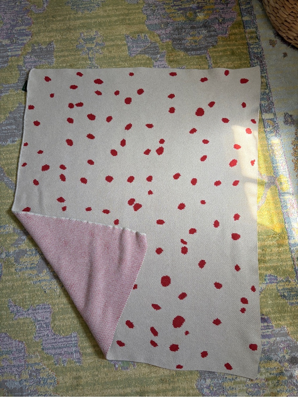 Hillery Sproatt kid/baby blanket polka dot knit red and cream